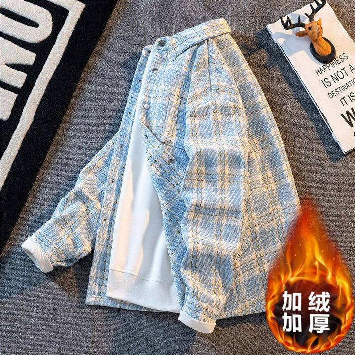 小香风毛呢加绒外套男短款宽松休闲夹克春秋款潮牌高级感格子衬衫