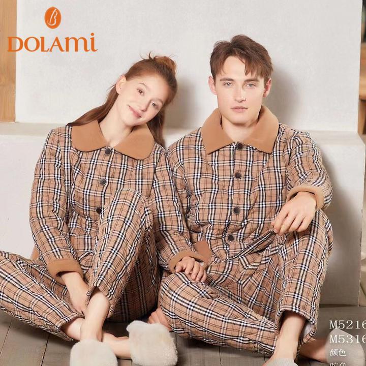 多拉美冬季情侣睡衣女梭织夹棉里外纯棉加厚家居服男士全棉布套装