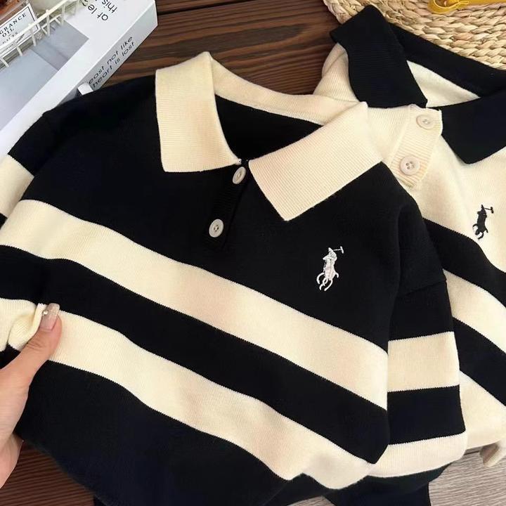 2025春季新品 洋气儿童翻领条纹毛衣 男童女童休闲毛衣 polo 衫