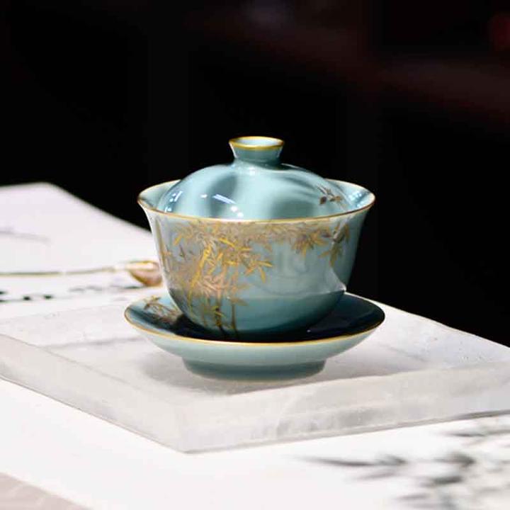 自慢堂 青瓷圆满盖碗 景德镇茶具茶杯 竹描金高端全手工泡茶专用