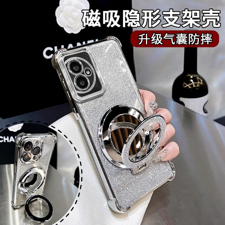 适用荣耀100高级感透明硅胶全包高颜值四角防摔镜子支架手机壳