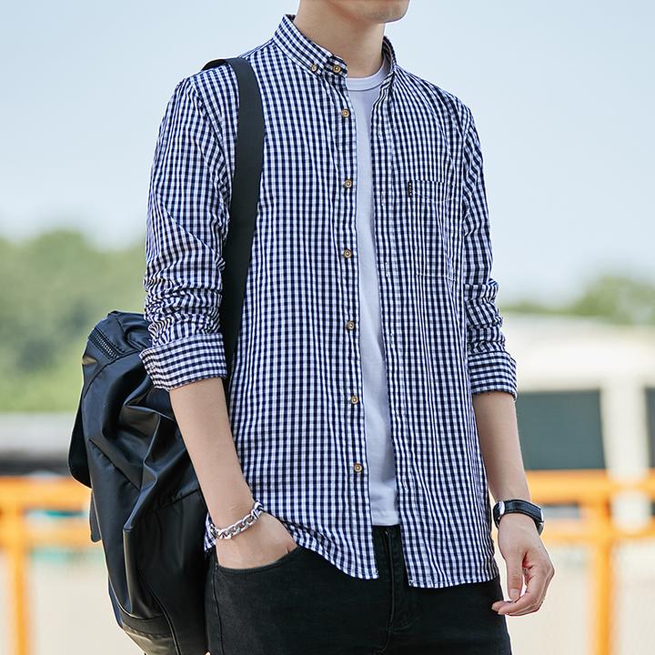 秋季男士格子衬衣修身韩版休闲宽松大码青年纯棉长袖衬衫潮流薄款