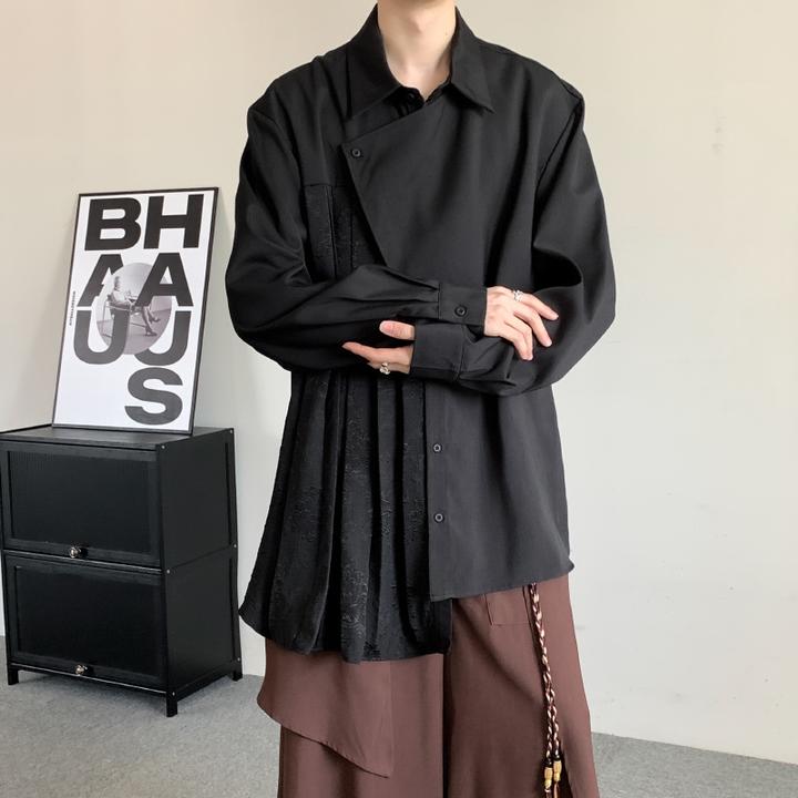 春秋男生设计感宽松复古小众设计大码新中式衬衣男拼接长袖衬衫潮