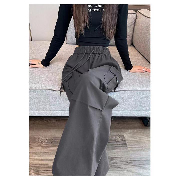 美式休闲阔腿显瘦工装裤ins潮军绿色vibe高街工装直筒抽绳长裤女