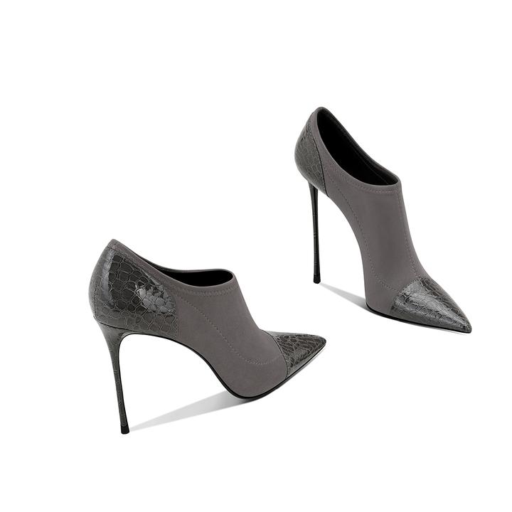 爆款高跟2025新款尖头绒面拼接深口单鞋时尚气质百搭欧美及裸靴