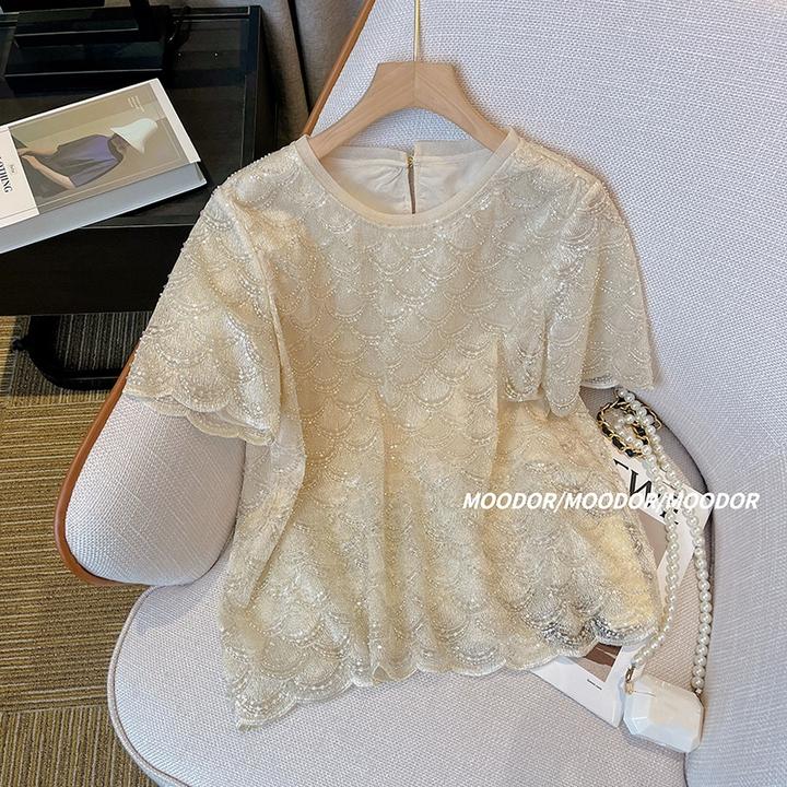 超重工钉珠短袖女2024夏季新款网红上衣女花纹闪闪亮圆领衬衫T恤