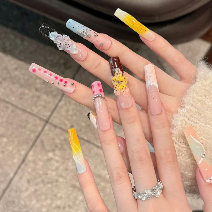 【冰雕睡莲】爆款夏日重工高级感显白水管长款美甲手工穿戴甲高级感