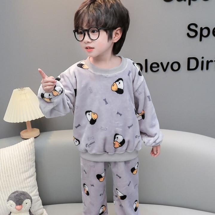 男宝宝法莱绒可爱型套装睡衣中小童卡通印花套装睡衣男童长袖睡衣