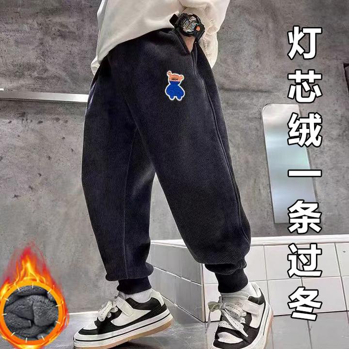 胖男童冬季大码灯芯绒加厚加绒男童裤中大童宽松羊羔绒保暖束脚裤