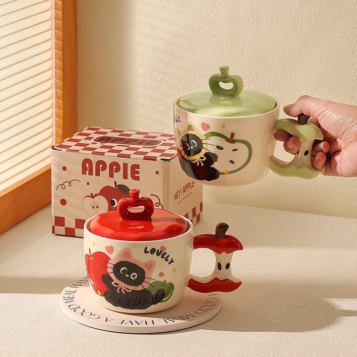 小猫苹果陶瓷杯带盖女士高颜值马克杯可爱情侣对杯早餐杯子办公室