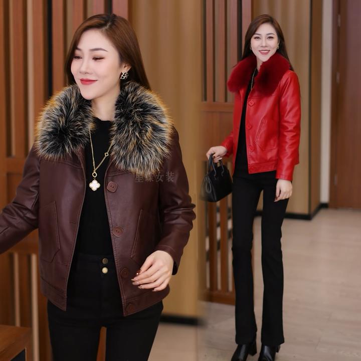 秋冬新款加绒厚皮衣外套女毛领款冬季保暖妈妈装中老年人加肥大码