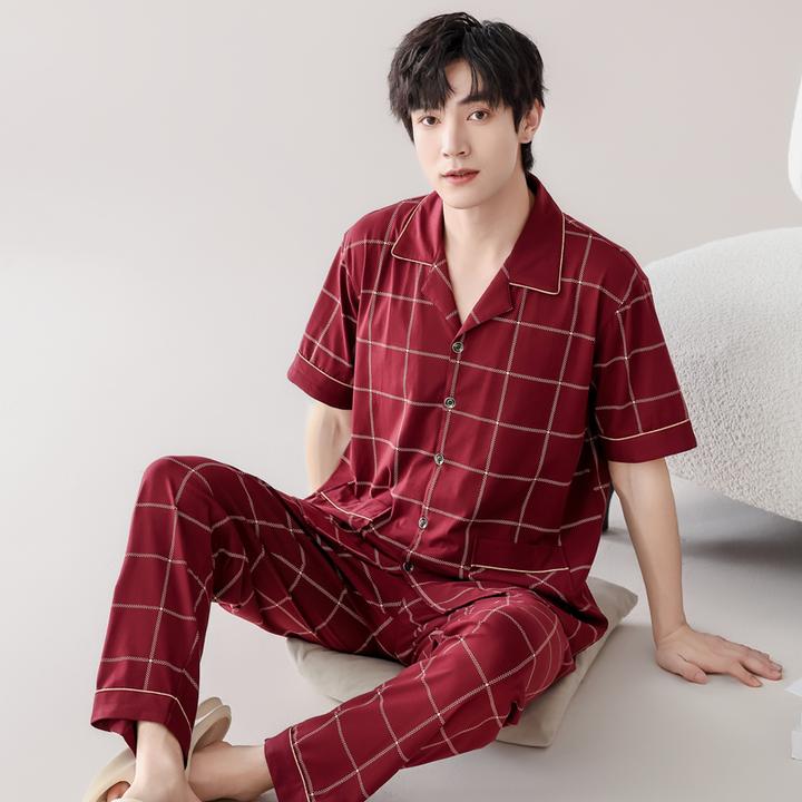 [只卖100纯棉]睡衣男夏季短袖长裤全棉加肥加大码夏天家居服套装