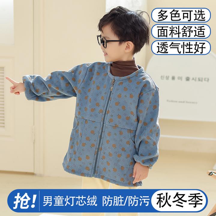 儿童灯芯绒罩衣秋冬季男童围裙加绒加厚耐脏吃饭围兜宝宝护衣外套