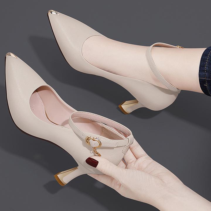 白色不累脚高跟鞋女2025年新款春秋季夏款细跟皮鞋一字带单鞋尖头