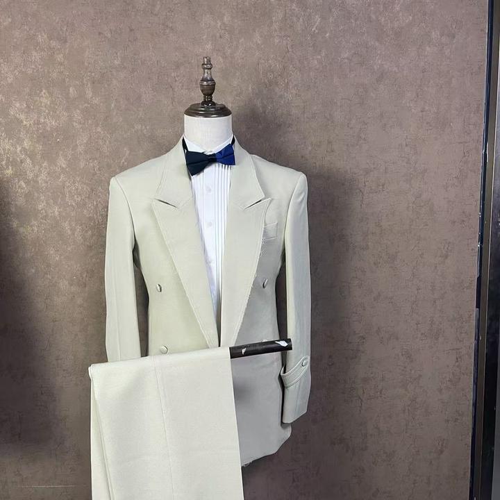 断码男士米白休闲双排扣西服外套小西装轻奢套装气质时尚礼服宽松