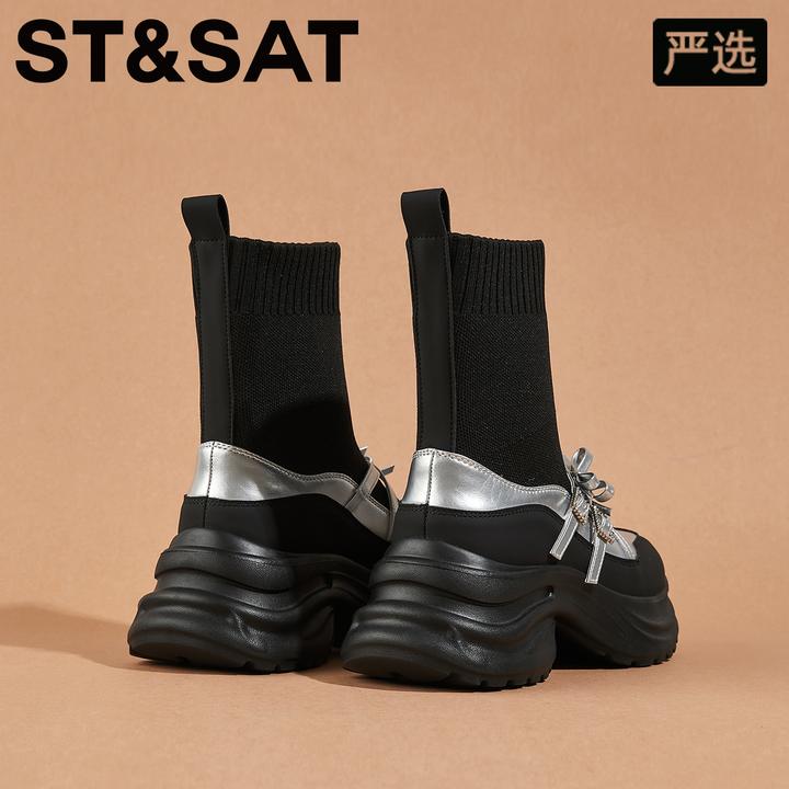 星期六英伦风新款中筒弹力靴2025冬季新款套筒松糕靴蝴蝶结袜靴女
