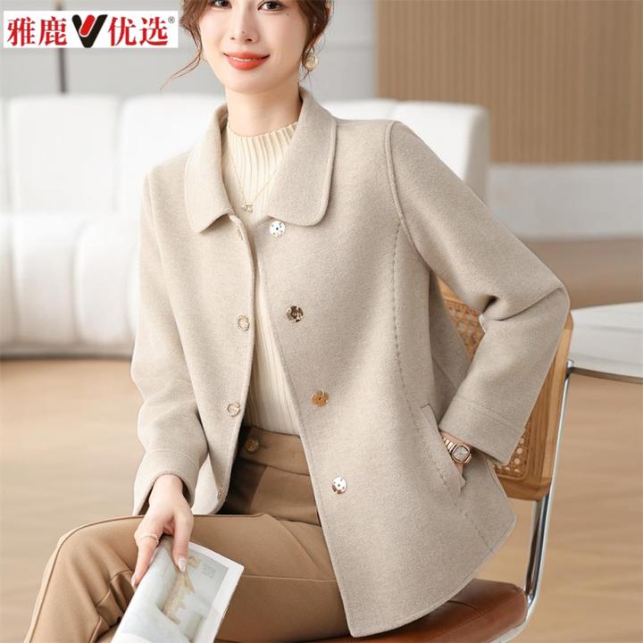 2024新款妈妈秋装短款毛呢外套50岁中老年人女秋冬气质双面呢开衫