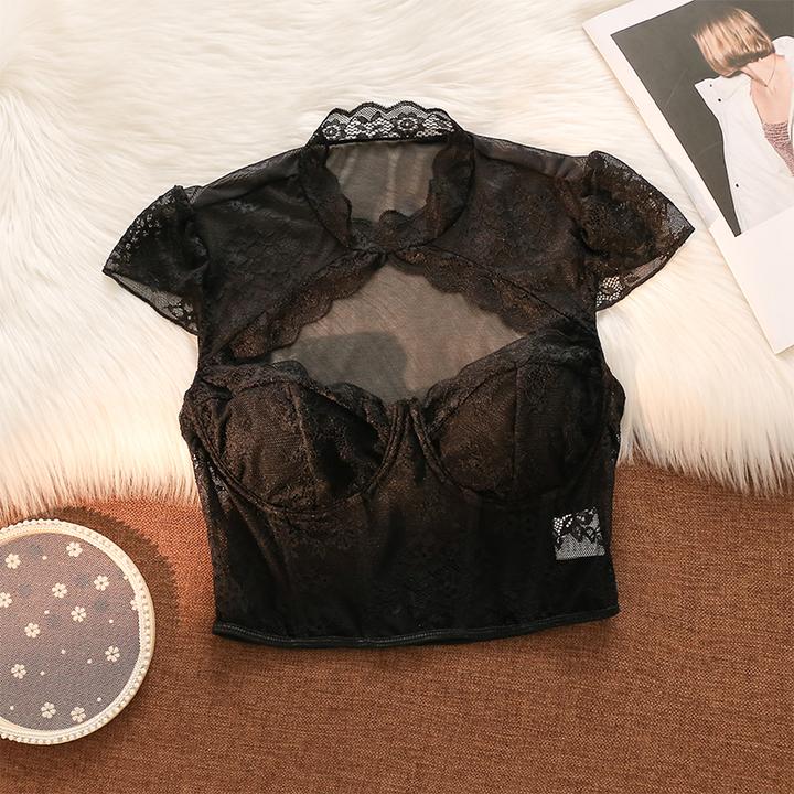 欧美ins风性感透视蕾丝高级感女夏纯欲镂空露胸修身短款鱼骨上衣