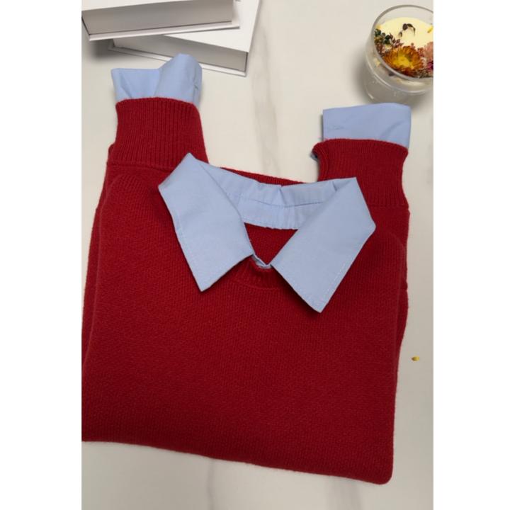 红色假两件衬衫领毛衣女秋冬冬季加厚宽松慵懒风欧货高级感针织衫