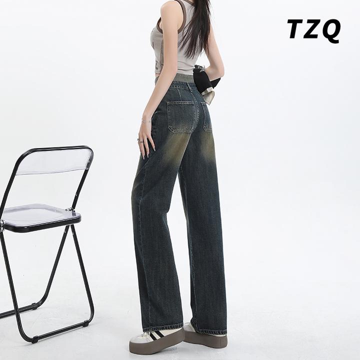高腰显瘦牛仔裤女秋冬爆款新款双扣柔软百搭阔腿拖地裤TZQ120833