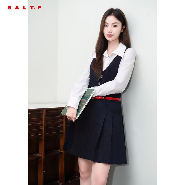 SALT.P可颜撞色衬衫拼接假两件学院风粗花呢连衣裙秋