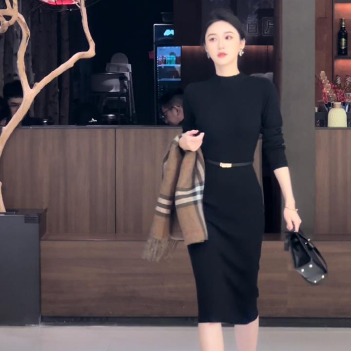 大静推荐【午后南山】显白气质名媛优雅显瘦长袖极简弹力针织连衣裙