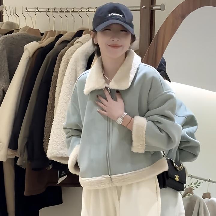 2024韩系翻领时尚百搭简约大方加绒厚皮毛一体毛毛外套女秋冬短款