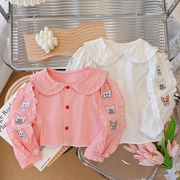 2024春秋新款纯棉刺绣女童衬衣衬衫长袖宝宝娃娃领娃娃衫女孩翻领