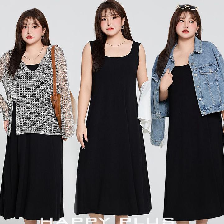 大码宽松女装120斤到220斤藏肉打底长款背心黑裙长款连衣裙休闲
