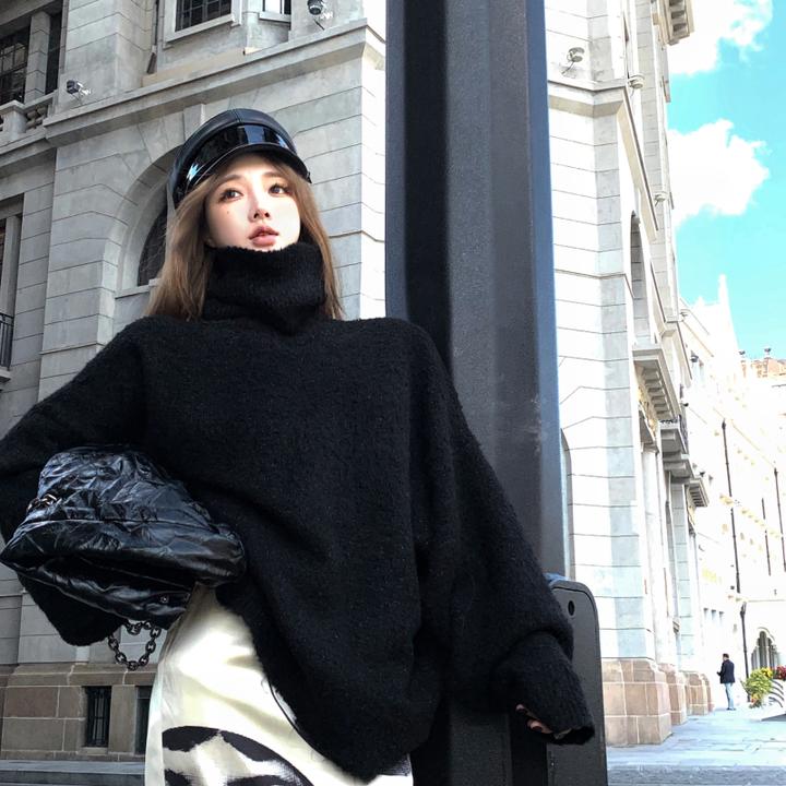 慵懒风黑色高领针织毛衣女冬季宽松显瘦外穿百搭时尚上衣