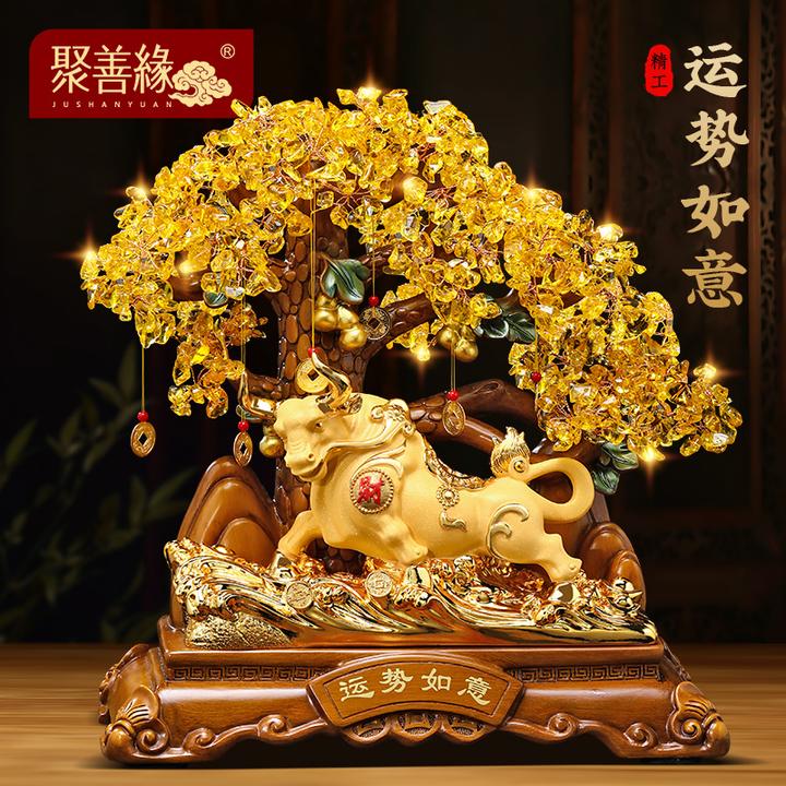 运势如意牛摆件大发财树客厅玄关酒柜收银台装饰品乔迁开业礼物