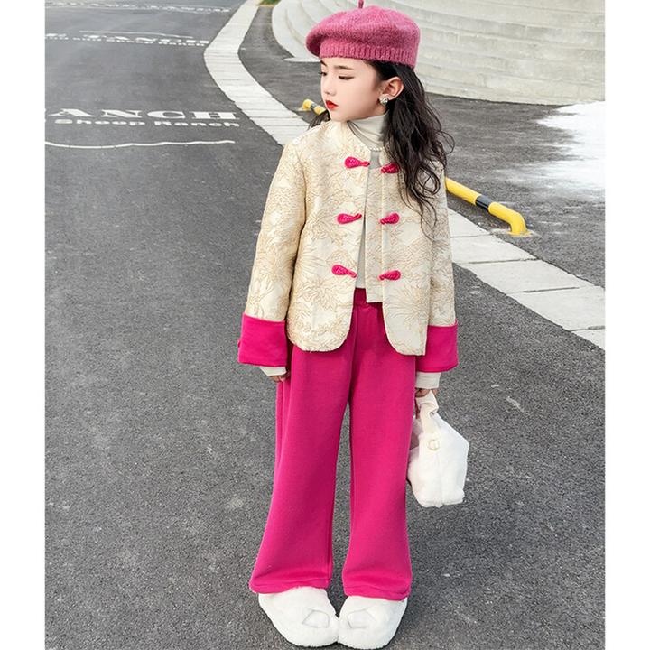 女童套装秋冬装2024新款时髦洋气中式唐装年服中大儿童冬季羽绒服