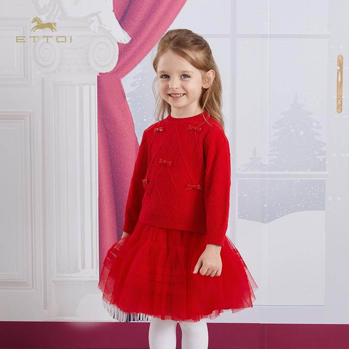 ETTOI爱多娃秋冬新款女童氛围感圆领百搭休闲红毛衣