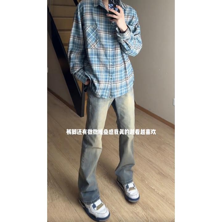 复古蓝牛仔裤男款春秋vibe美式高街微喇叭裤子显瘦修身窄版直筒裤