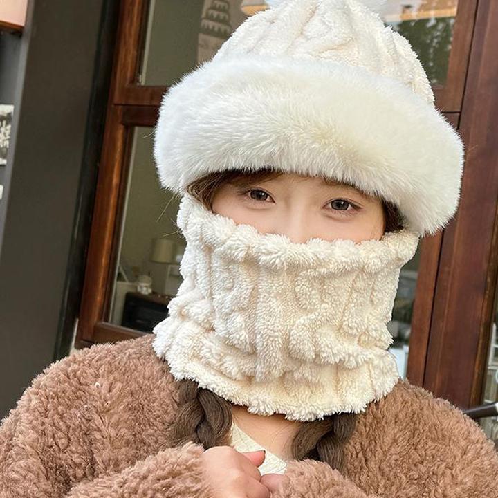 新款冬季加绒加厚帽子毛球帽围一体防风帽围脖护耳保暖包头一体帽