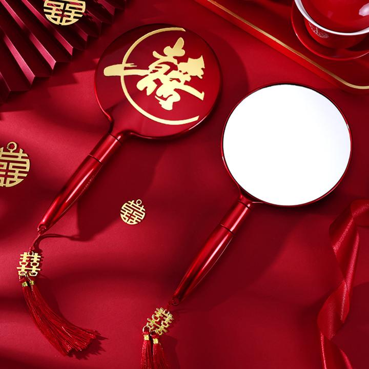 结婚手持镜子新款女方陪嫁用品婚礼新娘嫁妆腰镜专用喜字红色喜镜