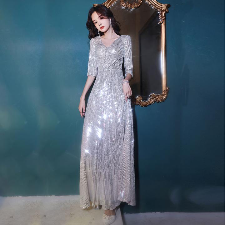 银色亮片晚礼服女气质高端宴会主持人裙子连衣裙奢华长款夏