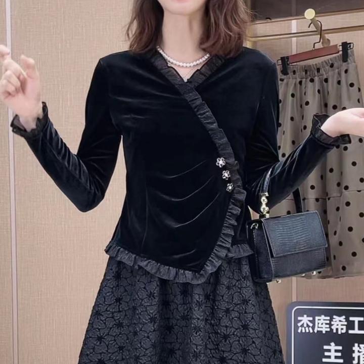 优选（早秋新品）轻奢丝绒交叉V领花边洋气长袖上衣女气质小衫