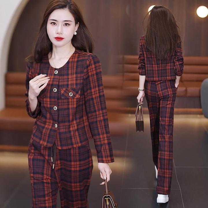 格子直筒裤套装女春2025春秋季新款时尚洋派短款上衣阔腿裤两件套