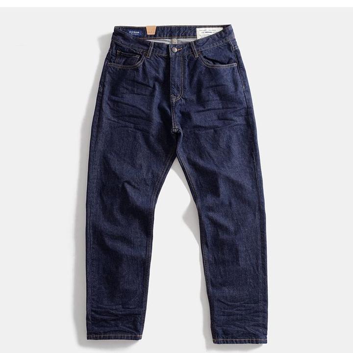 原色靛蓝已脱浆水洗压皱百搭深蓝男士直筒牛仔裤复古简约休闲裤