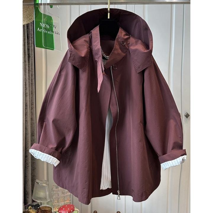 欧洲站高领连帽安可拉红风衣女2024秋季新款独特宽松休闲时尚外套