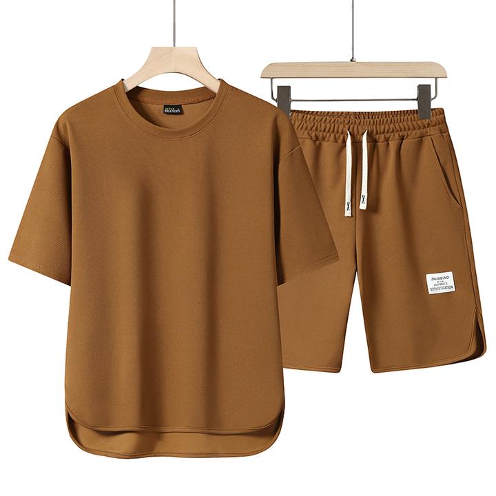 【2件套】休闲套装男士夏季青年男装运动短袖短裤宽松简约T恤-8216