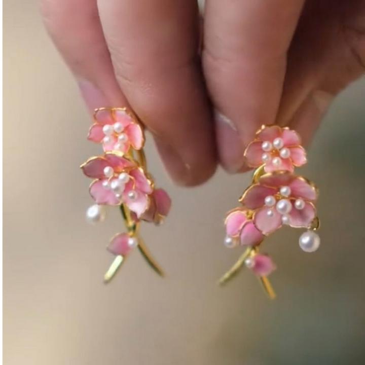 锆石耳饰仿点翠花丝粉色桃花缘耳钉镶嵌流苏传统女古典风小