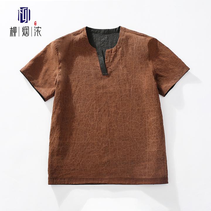 【柳烟浓】100%桑蚕丝香云纱原色龟裂纹男款双面穿短袖t恤2025新款