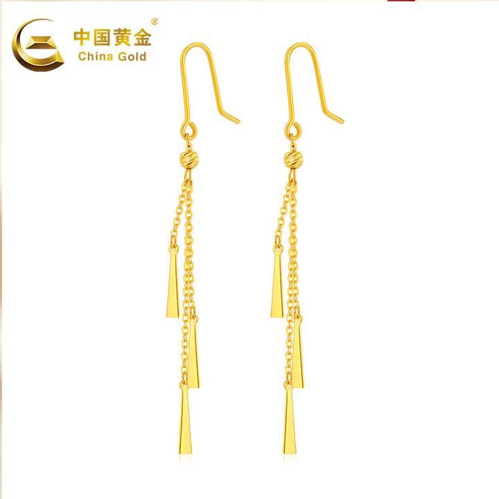 【中国黄金】黄金耳饰时尚气质足金光彩绽放时尚几何流苏耳吊送女友