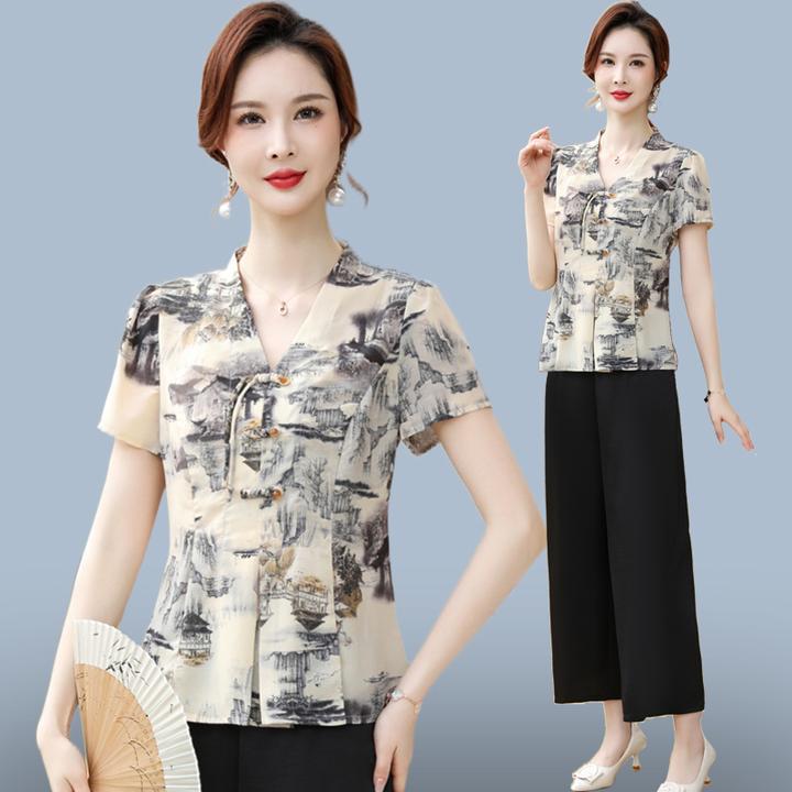 夏季洋气妈妈装中老年女装新中式衣服国风休闲套装显瘦减龄气质