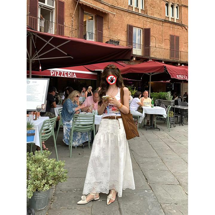 法式浪漫设计感蕾丝半身裙女夏季新款白色低腰线气质a字高腰长裙