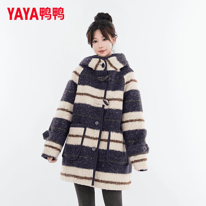 YAYA/鸭鸭新款冬季羽绒服女中长款时尚百搭休闲宽松条纹韩版秋冬
