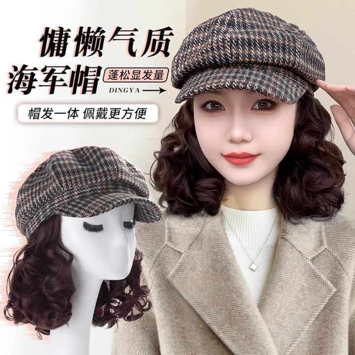 秋冬季帽子假发一体2024爆款洋气显脸小女短卷发百搭冬保暖假发帽