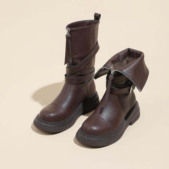 加绒中筒马丁靴女2024秋冬厚底圆头西部靴子美拉德英伦风复古短靴